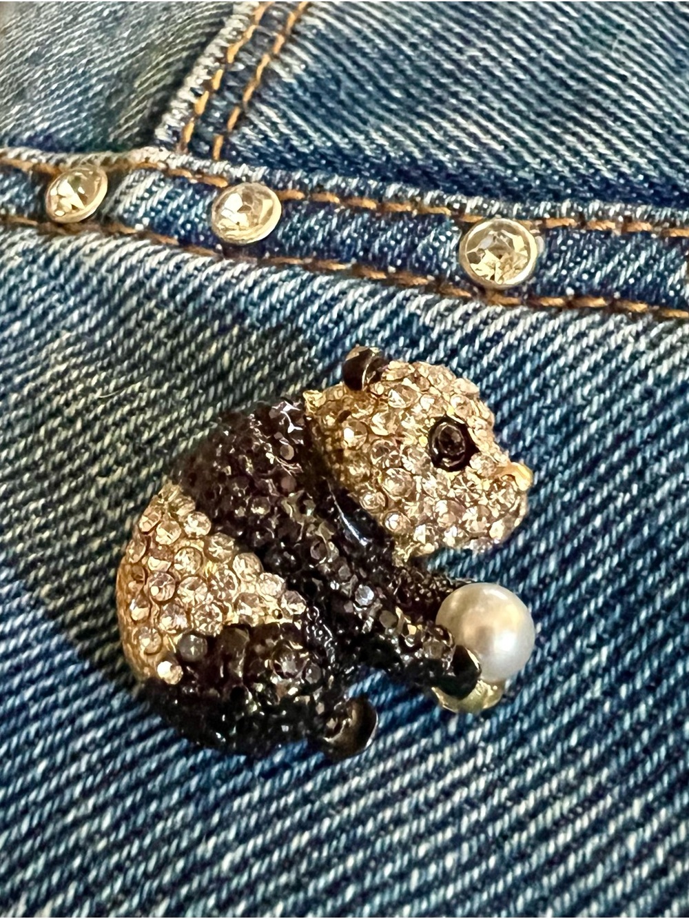 Crystal Panda Brooch with Pearl Accent - Black & Clear
